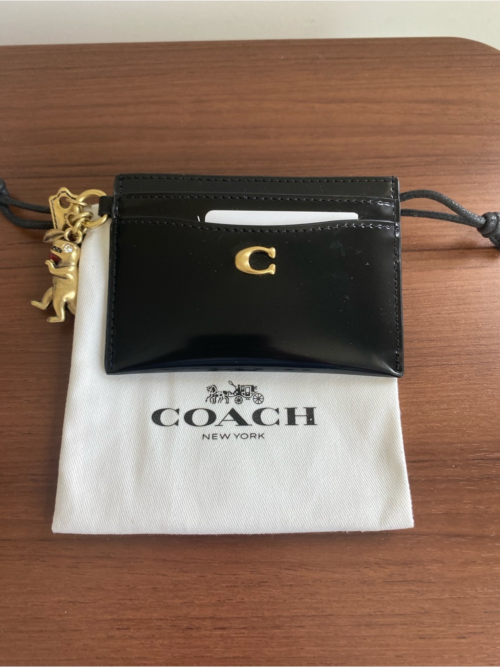 Coach Black Patent Leather Card Case with Brass Cherry, Rexy and Hangtag Charms - Picture 3 of 3